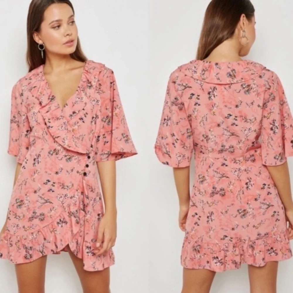 Topshop Pink Floral Ruffle Wrap Dress, size 10